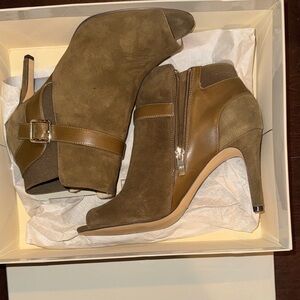 Marc fisher olive Suede Peep-Toe Ankle Booties with Buckle